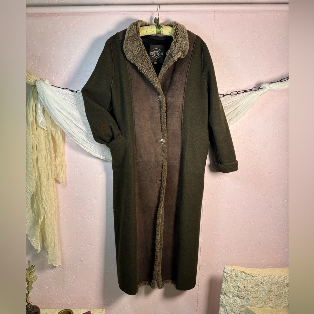 Long Brown Shearling-Trim Pea Coat - Women